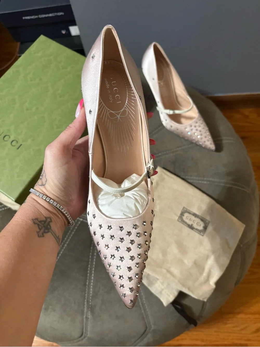 Gucci Blush Pink Studded Pointed Mary Jane Pumps